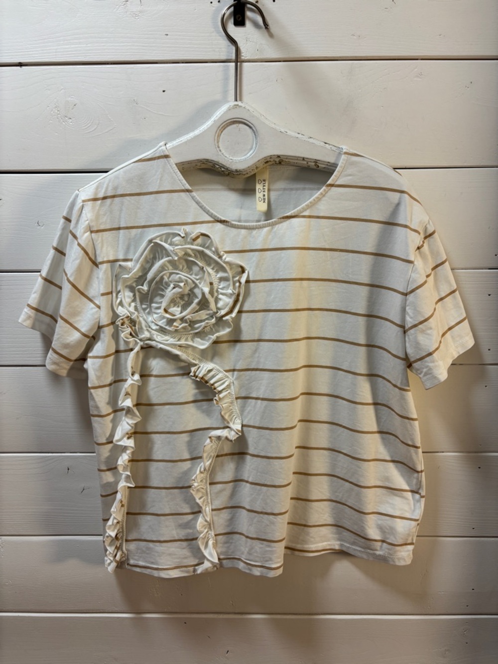 NEW STYLE Cream & Tan Striped Cotton Top with Floral Detail XL